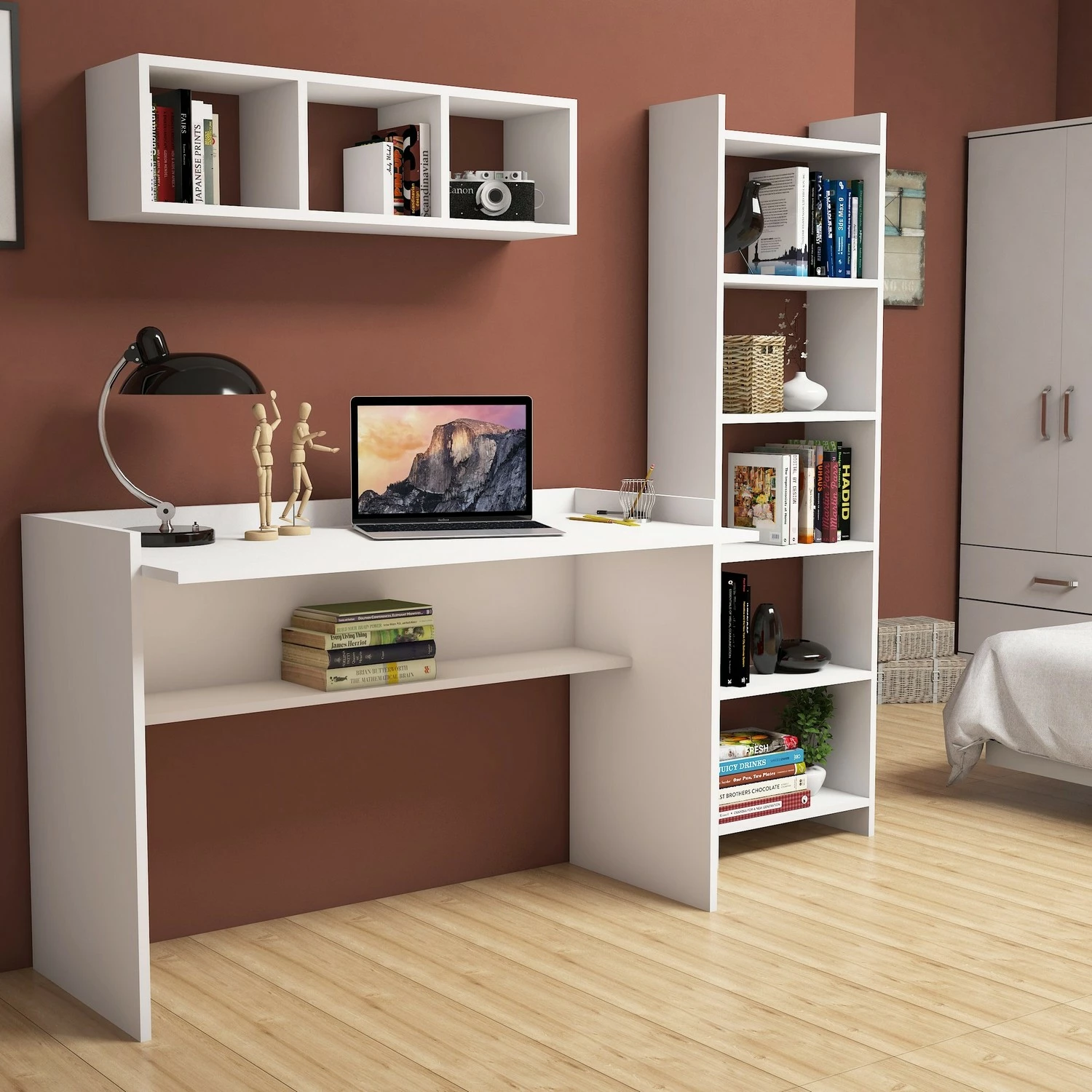 Set tavoline studimi me raft librash, Hanah Home, Hera, e bardhë