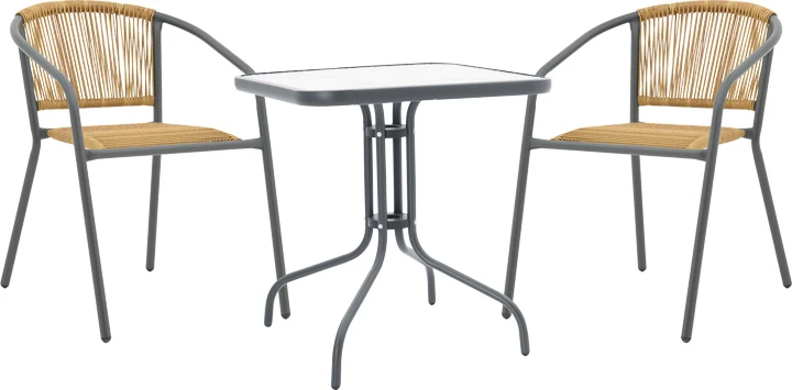 Tavolinë me karrige, metal-xham, pe rattan, ngjyrë natyrale, 70x70x70cm