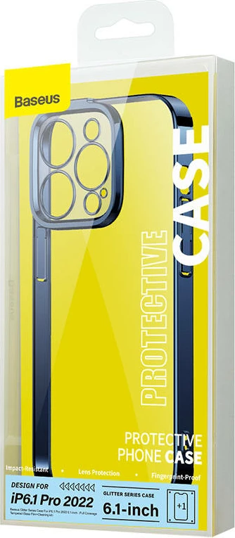 Mbështjellës Baseus Glitter për iPhone 14 Pro me xham të temperuar, kaltër
