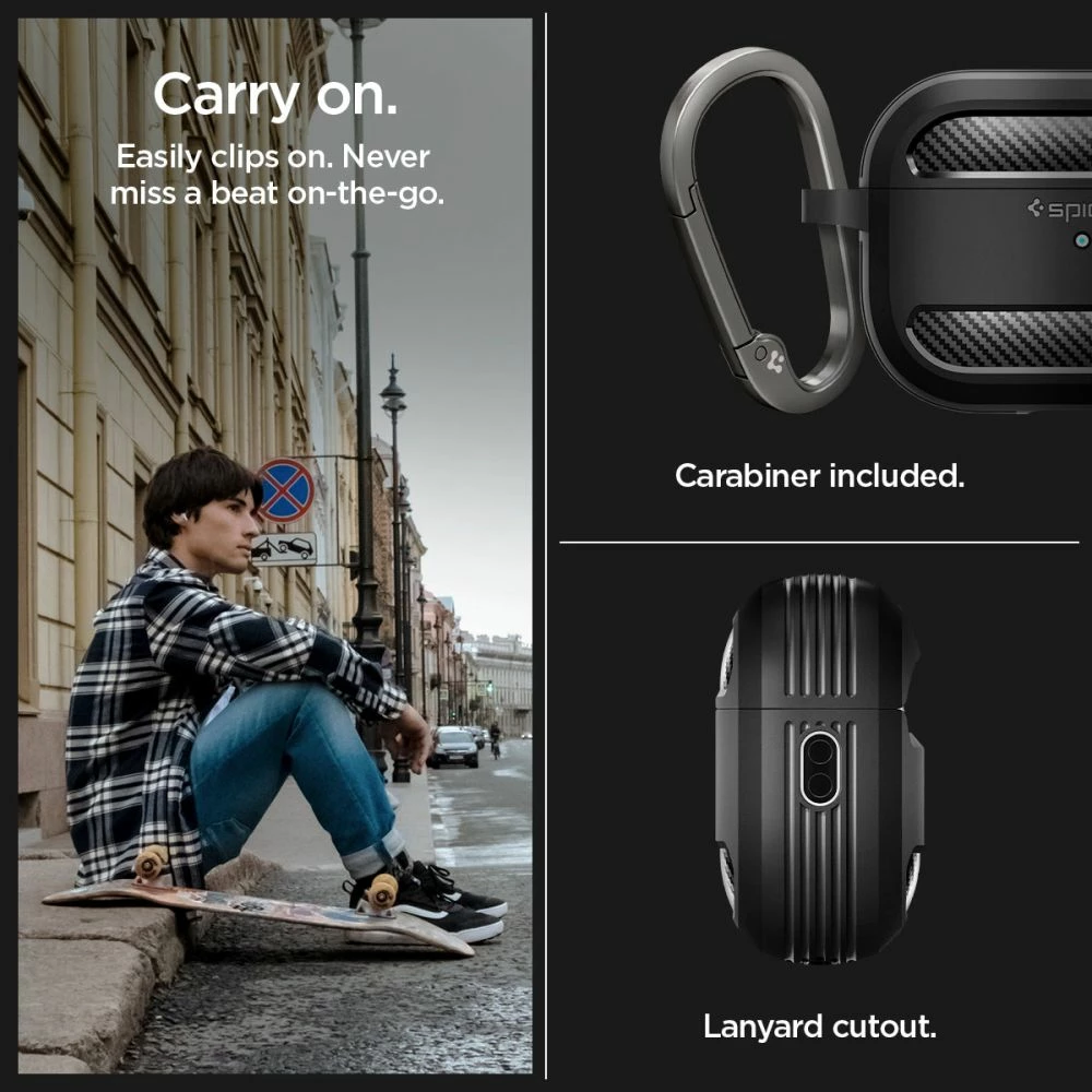 Mbështjellës Spigen Rugged Armor për AirPods Pro 1/2, me karabiner, i zi