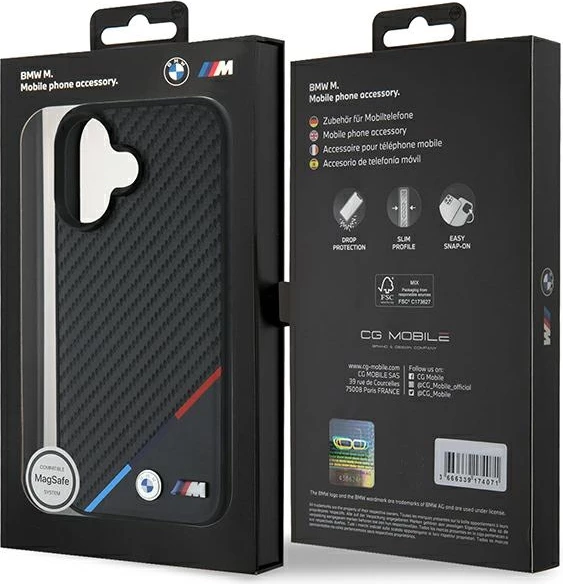Mbështjellës BMW M Carbon Tricolor Line MagSafe për iPhone 16, Zi