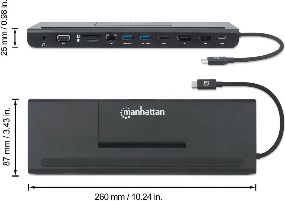 Docking station MANHATTAN USB-C 11-in-1, 4K, 3 monitorë, e zezë