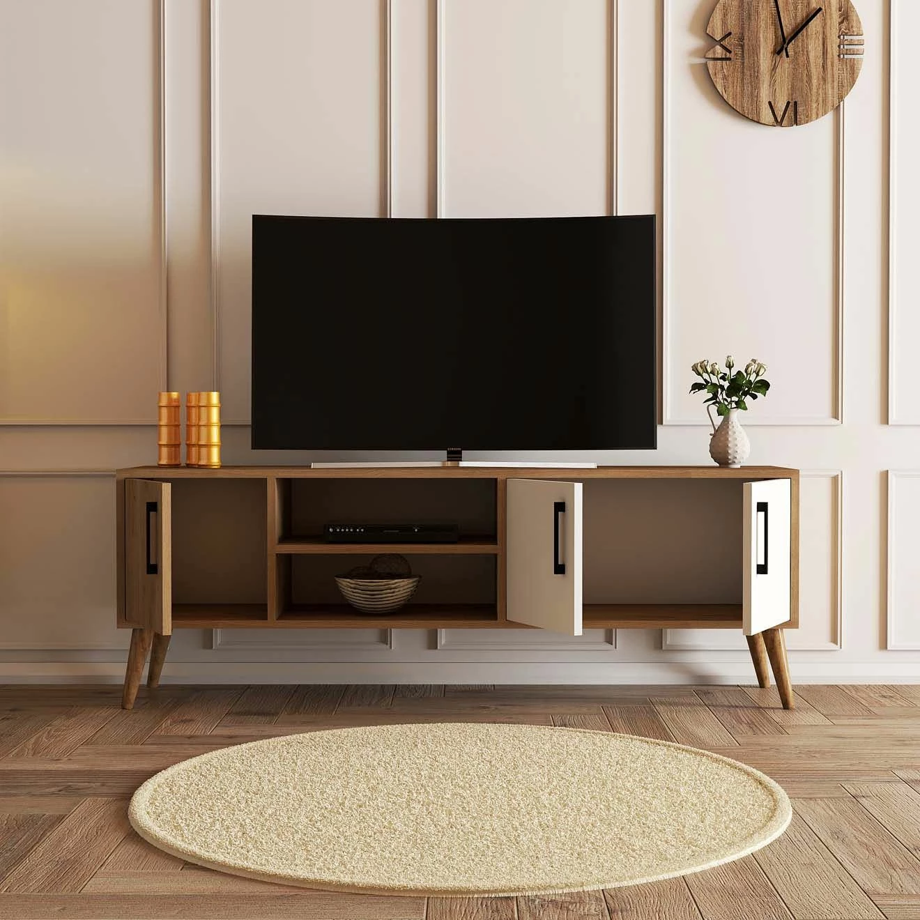 Komodë TV Exxen, ngjyrë lis dhe e bardhë, 150x52x34 cm