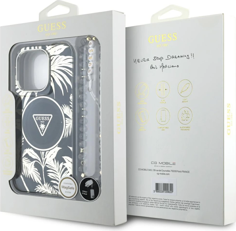Mbështjellës, Guess, Palm Trees Triangle Pearl Strap MagSafe, për iPhone 16 Pro 6.3", magnet MagSafe, TPU/PC, me rrip me rruaza, zi