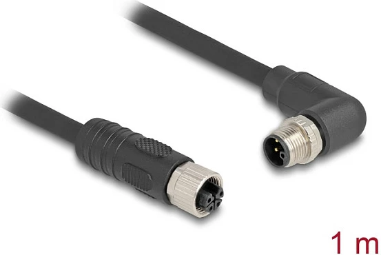 Kabllo DeLOCK M12 L-coded 4 Pin, mashkull kënd 90° te femër e drejtë, 1 m, e zezë