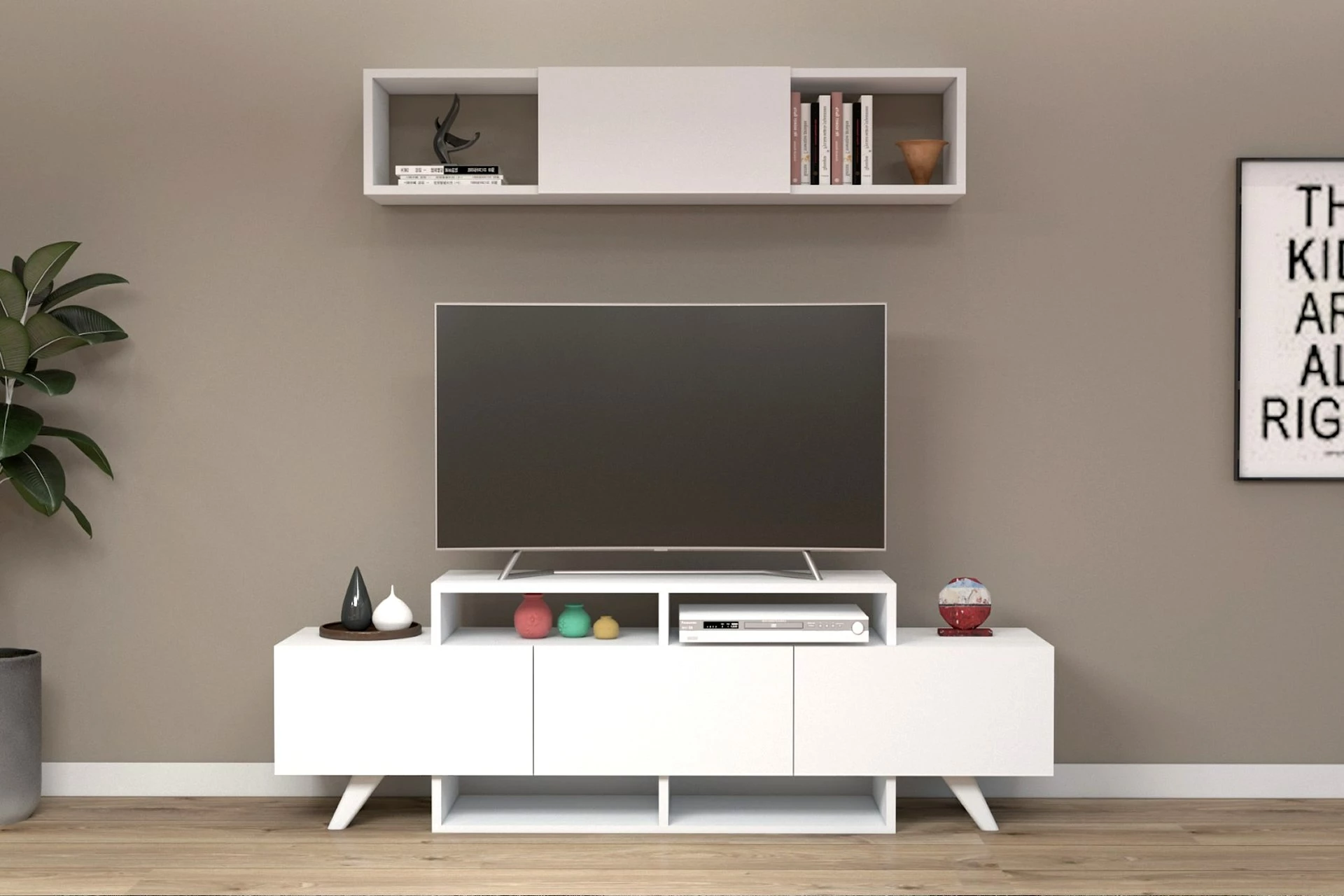 Set komodë TV me raft, ngjyrë e bardhë, Alwin Unit