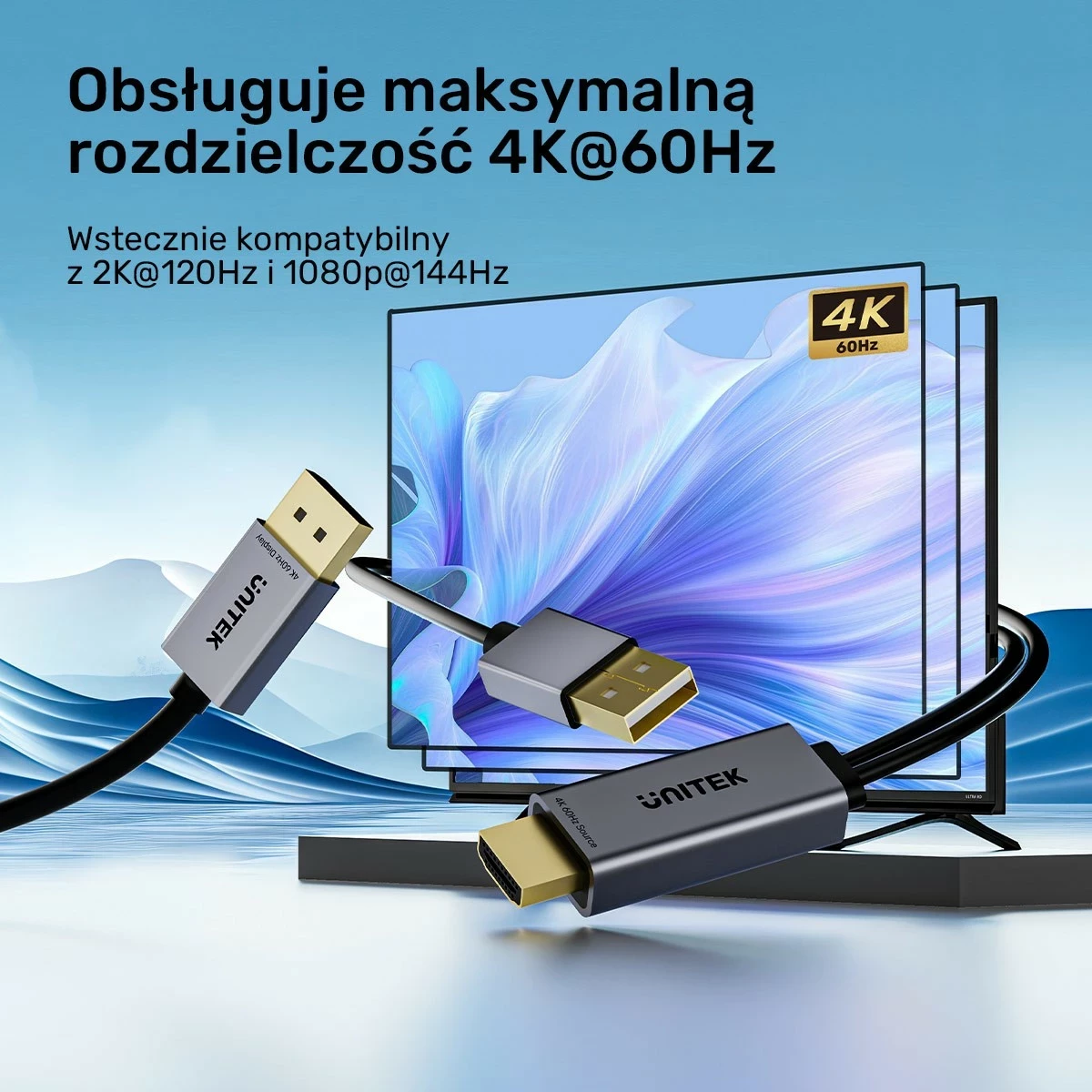 Kabllo Unitek HDMI në DisplayPort, 4K 60Hz, HDR, me furnizim USB-A, 1.8 m, e zezë-gri