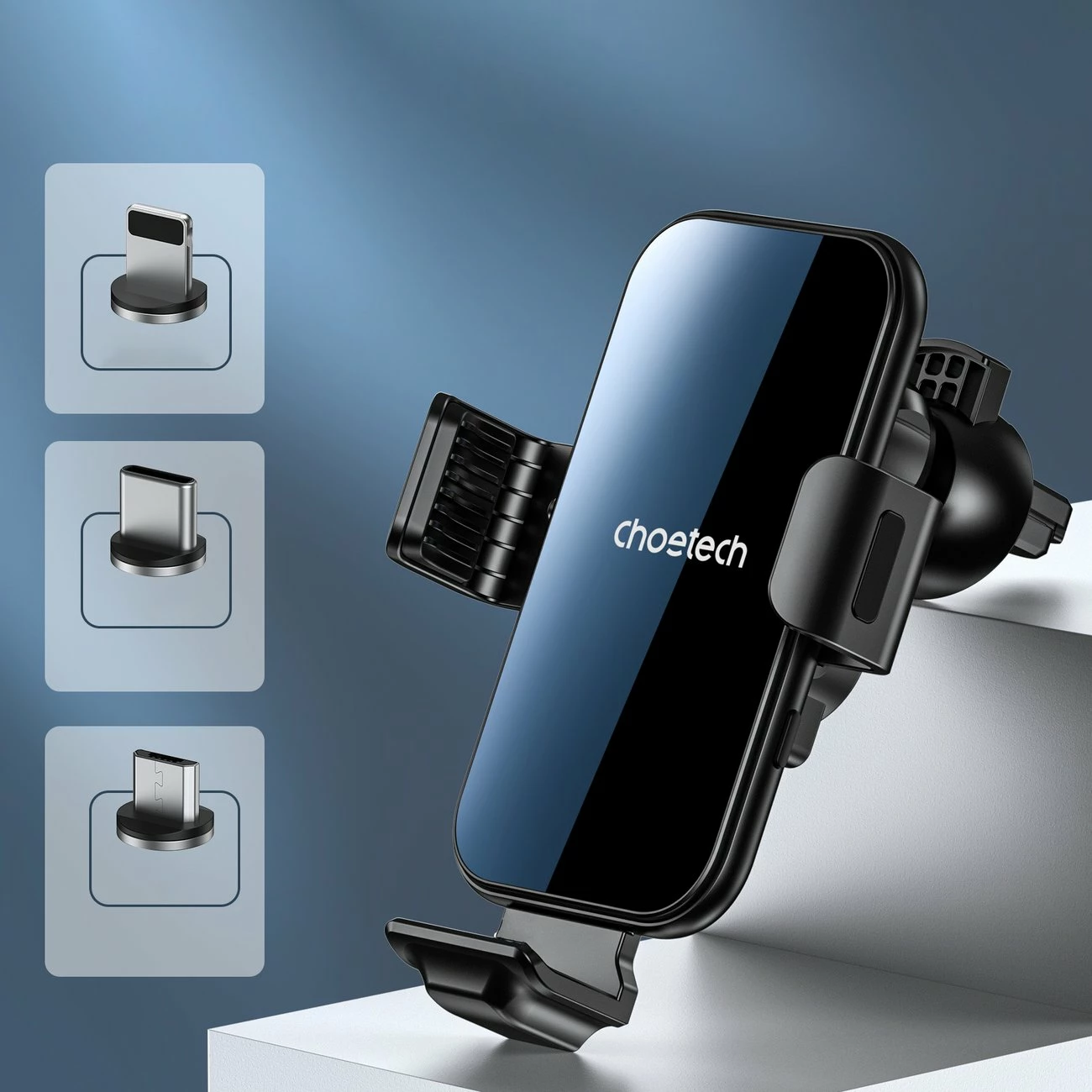 Mbajtës me karikues wireless Choetech T201-F për veturë, me koka magnetike, Zi