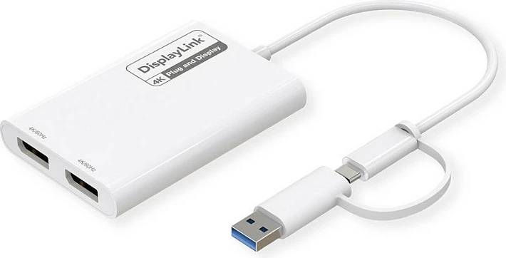 Adapter USB ROLINE 12.03.3207, USB-A/USB-C n’ 2x DisplayPort, 4K 60Hz, i bardhë