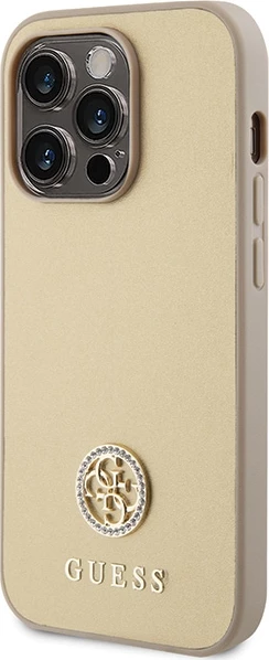 Mbështjellës Guess GUHCP15LPS4DGPD për iPhone 15 Pro 6.1", 4G Strass Metal Logo, Ari