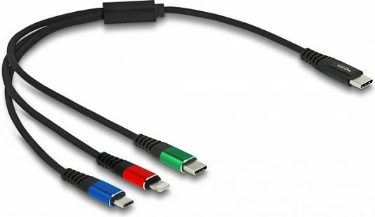 Kabllo karikimi DeLOCK 3-në-1 USB-C në Lightning/Micro-USB/USB-C, 30 cm, e zezë