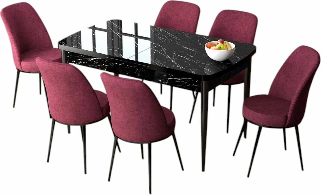 Set tavoline me karrige për ngrënie, zgjatshme, 7 pjesë, Skye Decor, ngjyrë mermeri të zi, burgundy