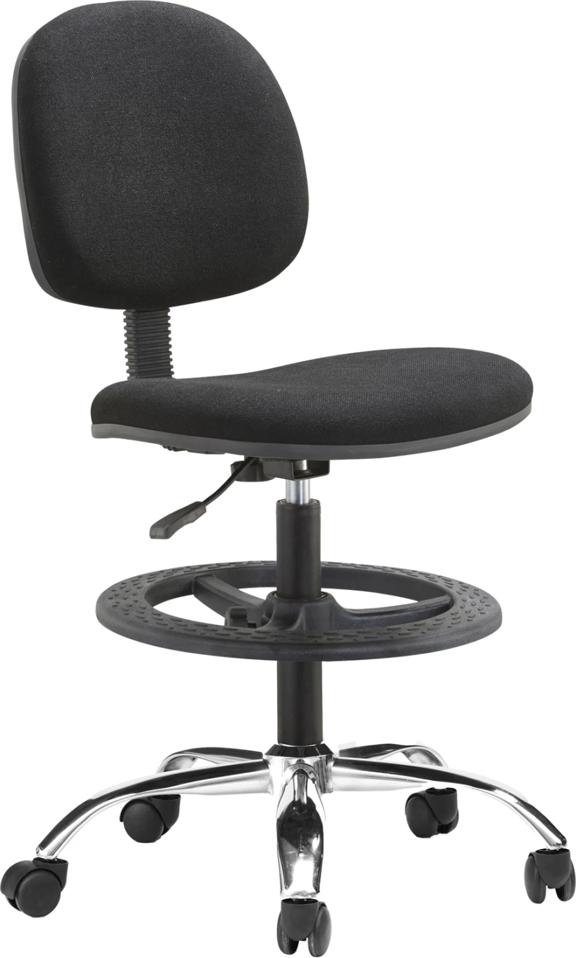 Stool pune me këmbështetëse DROMEN FH1210.01, material tekstili i zi, bazë e kromuar, 47x53x99-123cm