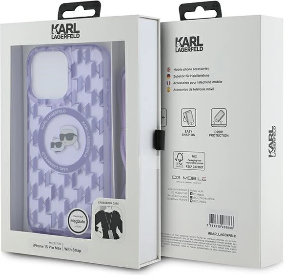 Mbështjellës Karl Lagerfeld IML Crossbody Monogram Karl & Choupette Head MagSafe për iPhone 15 Pro Max, Vjollcë