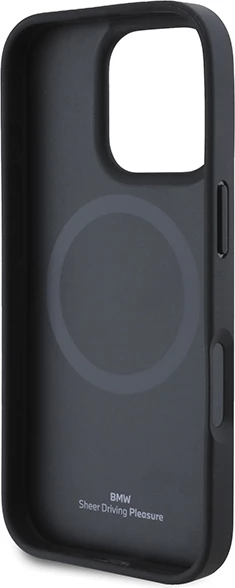 Mbështjellës BMW Leather Hot Stamp MagSafe për iPhone 16 Pro, i zi