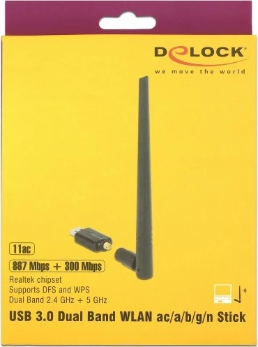 USB Wi-Fi adapter DeLOCK, Dualband, 867+300 Mbps, antenë e jashtme, e zezë