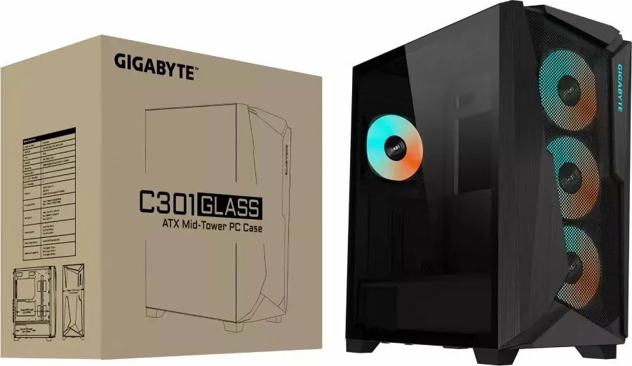 Kasë Gigabyte C301 Glass GB-C301G Midi Tower ATX/e-ATX me xham të temperuar, ARGB hub, USB Type-C, e zezë
