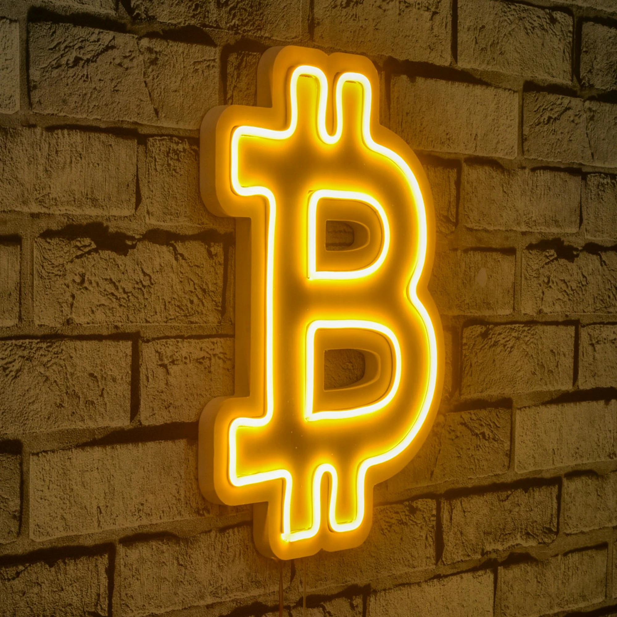 Dritë dekorative plastike LED, simbol Bitcoin, e verdhë