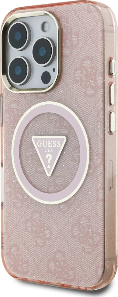 Mbështjellës Guess IML Metal Glitter 4G Circle Triangle MagSafe për iPhone 16 Pro, Rozë