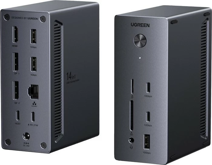 Docking station UGREEN CM843 14-në-1 USB-C, 2x DisplayPort, HDMI, PD 100W, RJ45 1Gb/s, gri