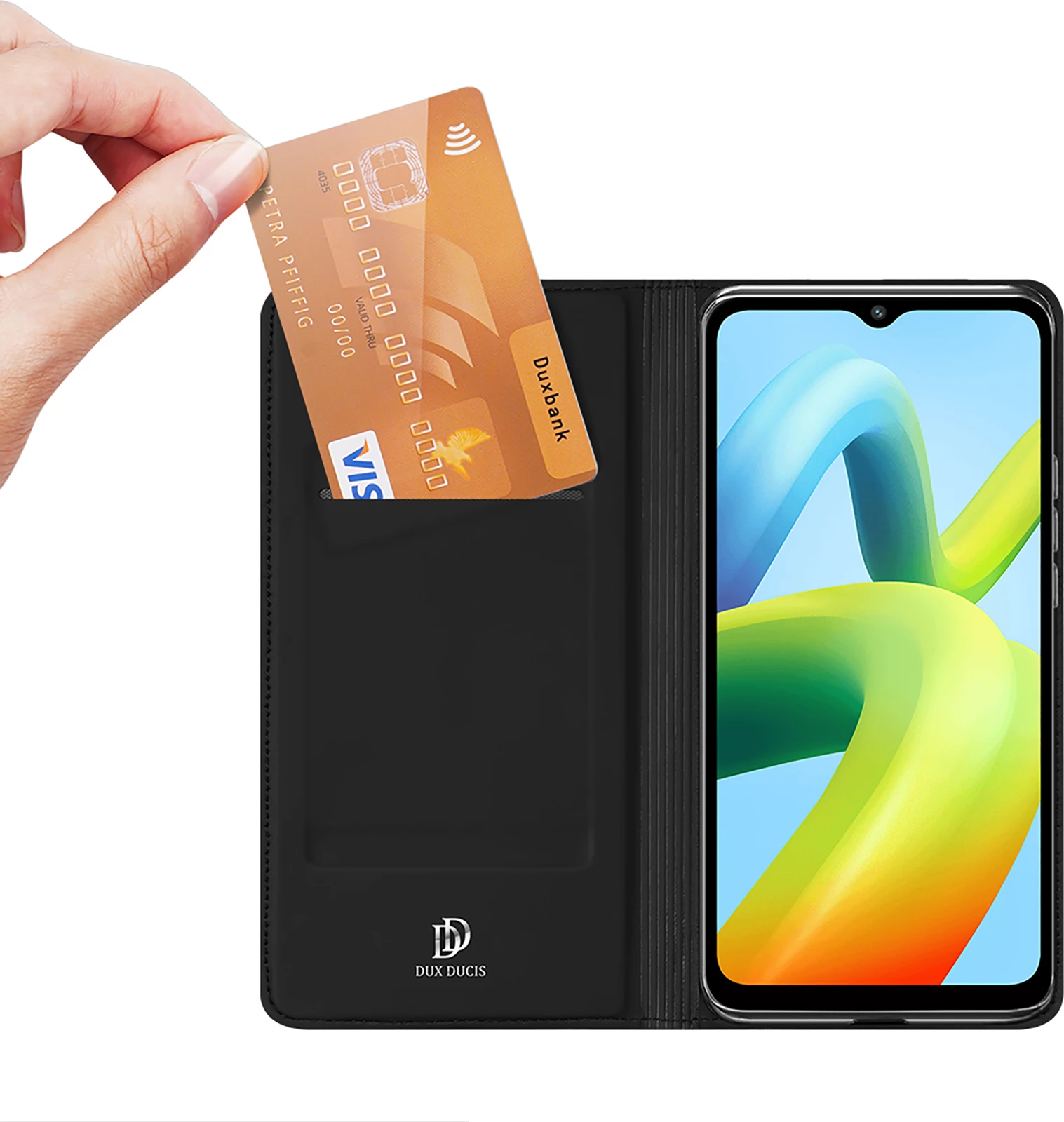 Mbështjellës Dux Ducis Skin Pro për Xiaomi Redmi A1+, me kapak, xhep kartelash dhe stand, e zezë