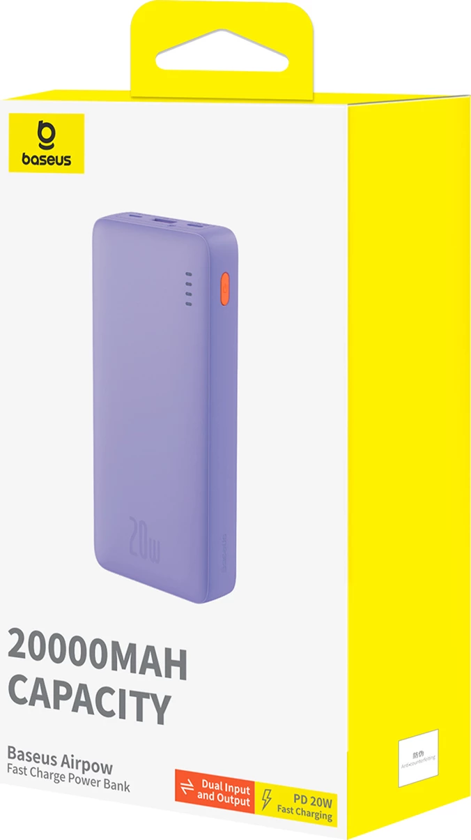Powerbank Baseus Airpow 20000mAh, 20W, me kabllo USB-A në USB-C, Vjollcë