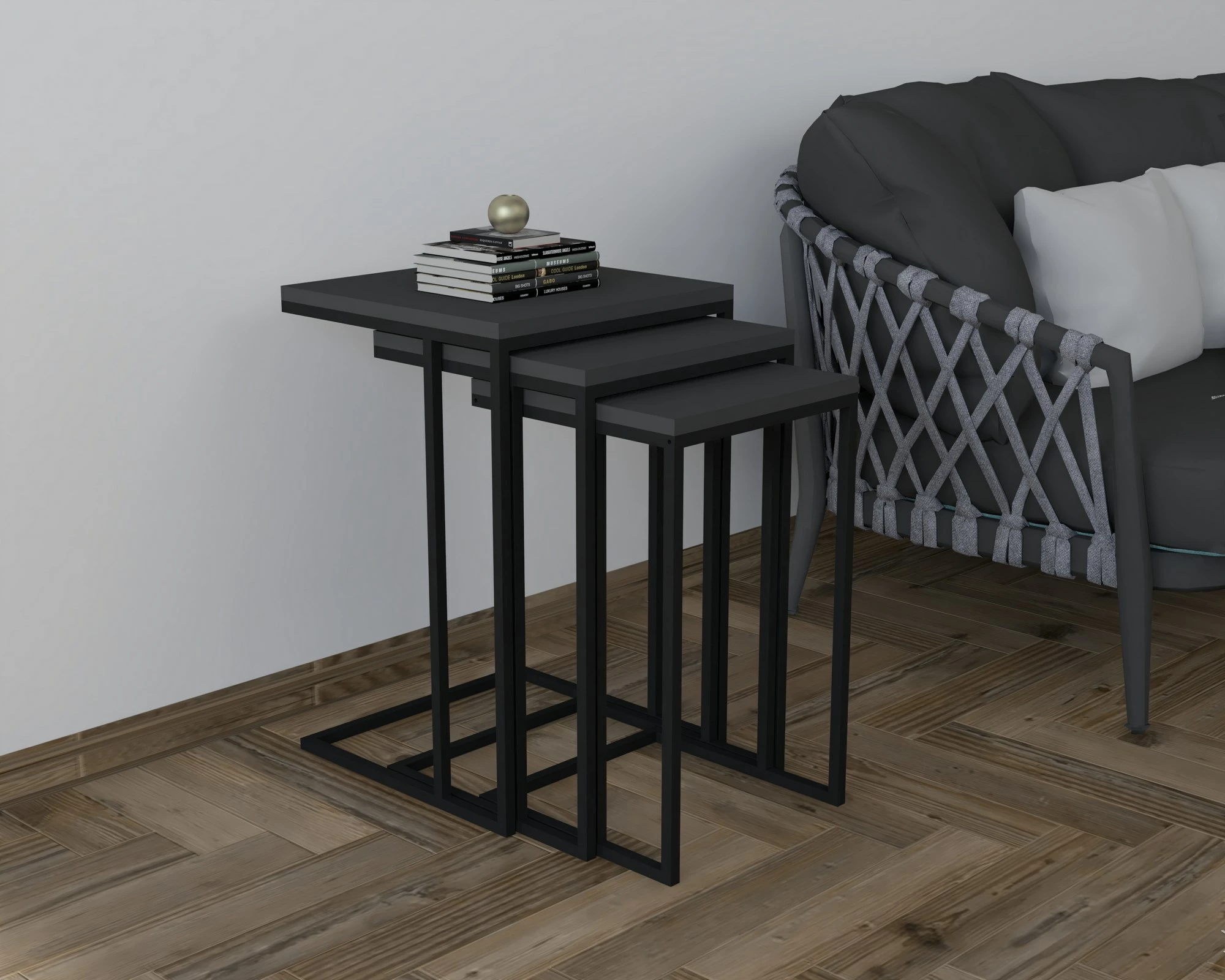 Set tavolinash ndihmëse të vendosshme, 3 copë, ngjyrë e zezë, antracit, Skye Decor