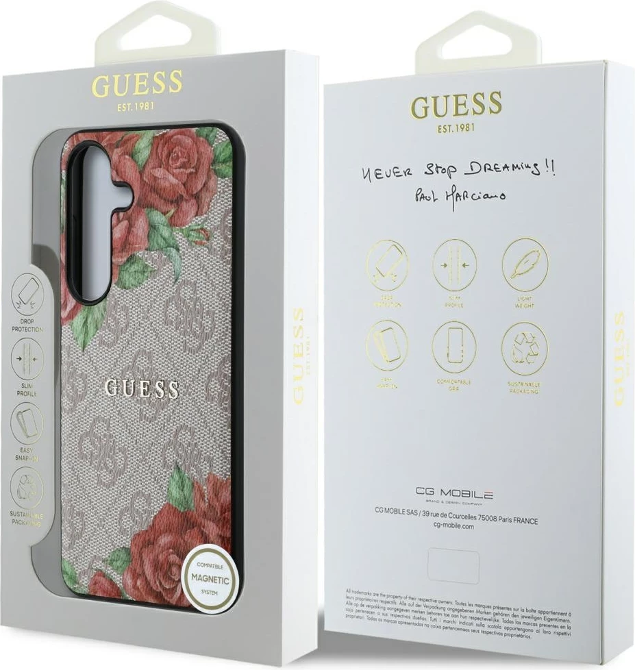 Mbështjellës Guess Leather 4G Flowers Print Metal Classic Logo MagSafe për Samsung Galaxy S25, Rozë