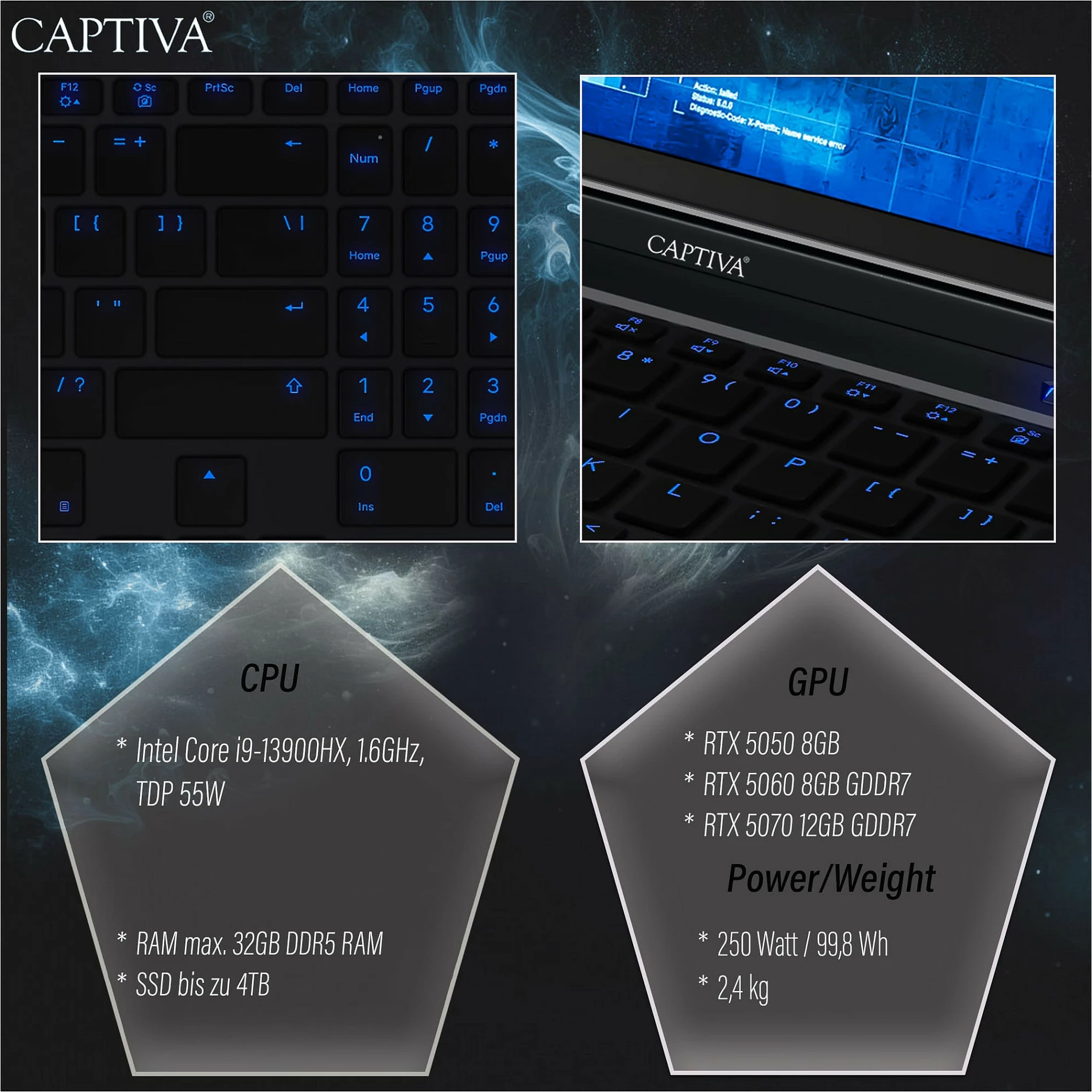 Laptop gaming Captiva I99-480GE, 16" WQXGA, i9-14900HX, 32GB RAM, 1TB SSD, RTX 5070 Ti, Win 11, i zi