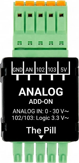Modul shtesë Shelly The Pill SSR/Analog Add-on, hyrje analoge 0–30V, I/O 3.3V