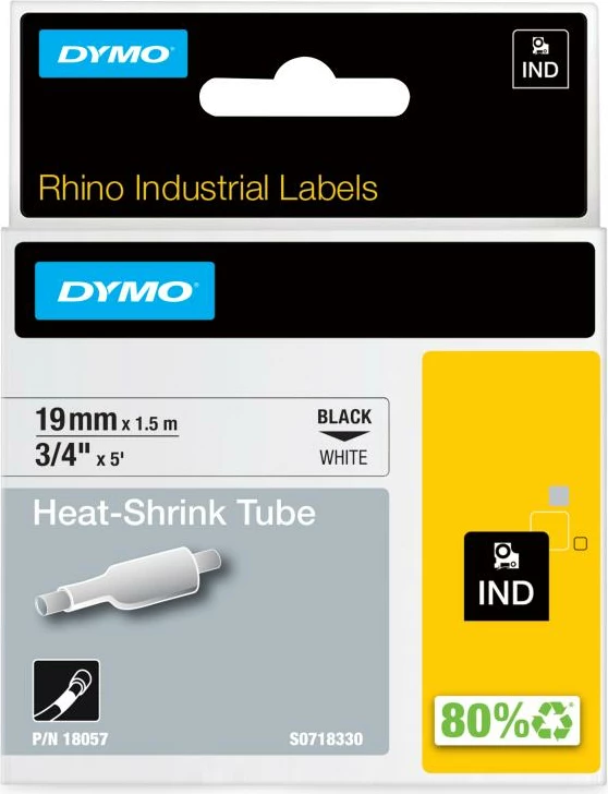 Tubë termo-ngushtuese për etiketime, Dymo, RhinoPRO 18057 (S0718330), 19mm x 1.5m, e bardhë/zezë