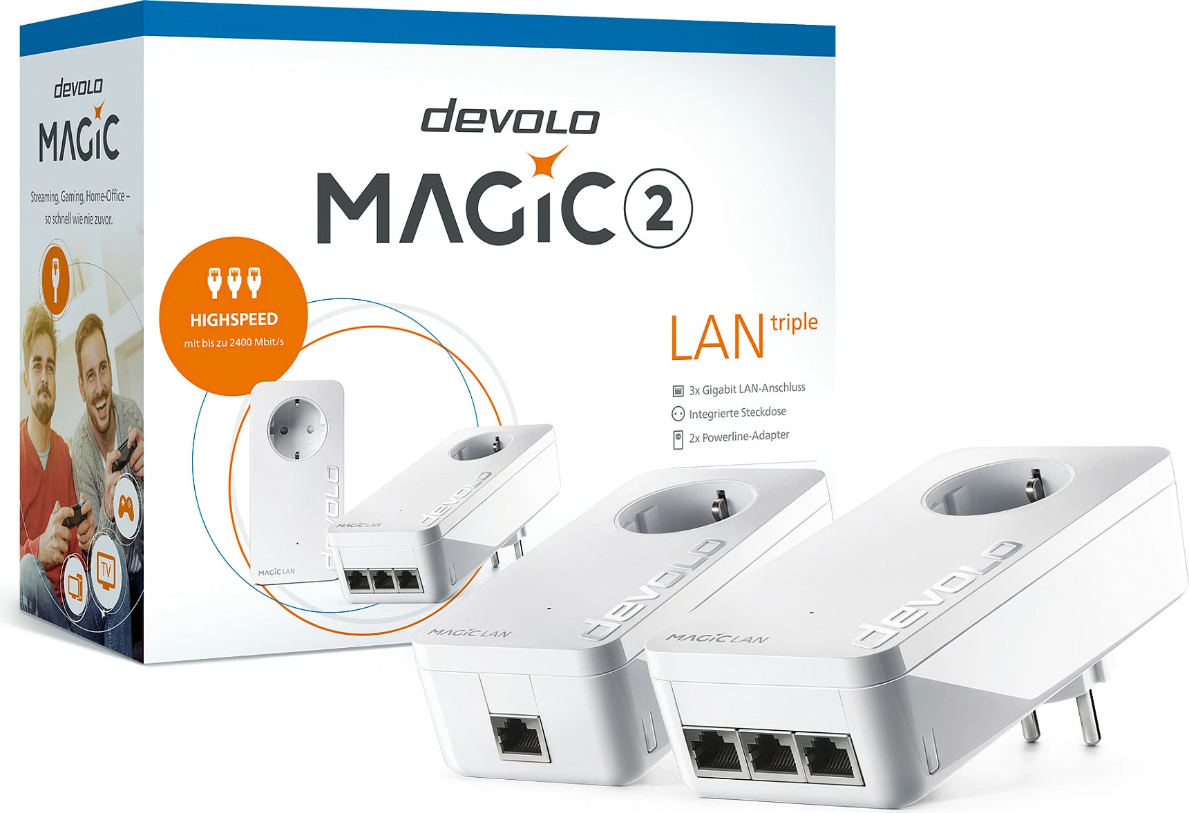 Adapter Powerline Devolo Magic 2 LAN triple Starter Kit, 2400 Mbit/s, 3x Gigabit Ethernet, prizë e integrume, e bardhë