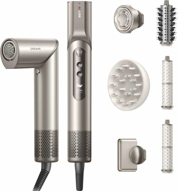 Tharëse flokësh dhe stilues DREAME Dazzle AZD20A, motor 110,000 RPM, jonizim 300 milion, ekran digjital, set me 5 shtojca magnetike, argjendtë