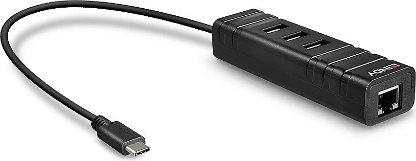 Hub USB-C LINDY USB 3.2 Gen 1 me Gigabit Ethernet, 3x USB-A, 4 porta, 0.26 m, i zi