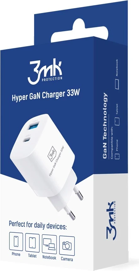 Karikues USB-A/USB-C, 3MK Hyper GaN, 33W, i bardhë 