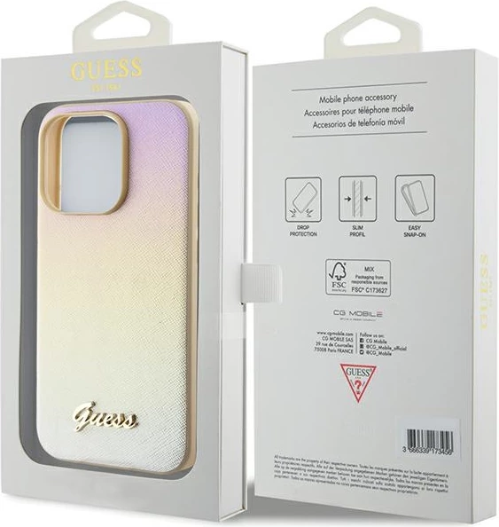 Mbështjellës Guess Saffiano Iridescent Script për iPhone 15 Pro, ari