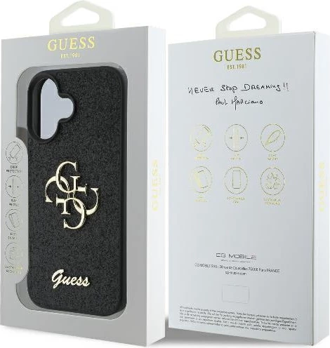 Mbështjellës Guess Fixed Glitter Big 4G për iPhone 16 Plus, zi
