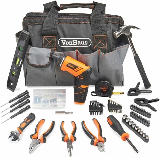 Set veglash dore dhe kaçavidash VONHAUS 3500027, 94 copë, kaçavidë elektrike Li-ion 3.6V, me çantë veglash, gri/portokalli