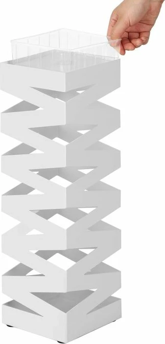 Mbajtëse ombrellash metalike SONGMICS LUC16W, 15.5 x 15.5 x 49 cm, me grepë & tabaka pikimi, e bardhë, set 1 copë + tabaka + 4 grepë