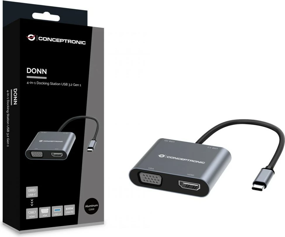 Dock Conceptronic 4-1 USB-C në HDMI, VGA, USB 3.0, 100W PD, 15cm, gri
