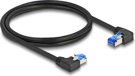 Kabllo rrjeti DeLOCK RJ45 Cat6A S/FTP, 1 m, këndore djathtas/majtas, 10 Gbit/s, e zezë