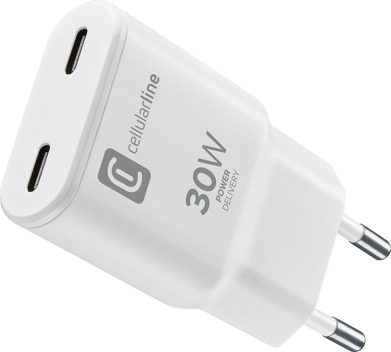 Karikues USB-C Cellular Line Duo GaN 30W, 2x USB-C, Power Delivery, i bardhë
