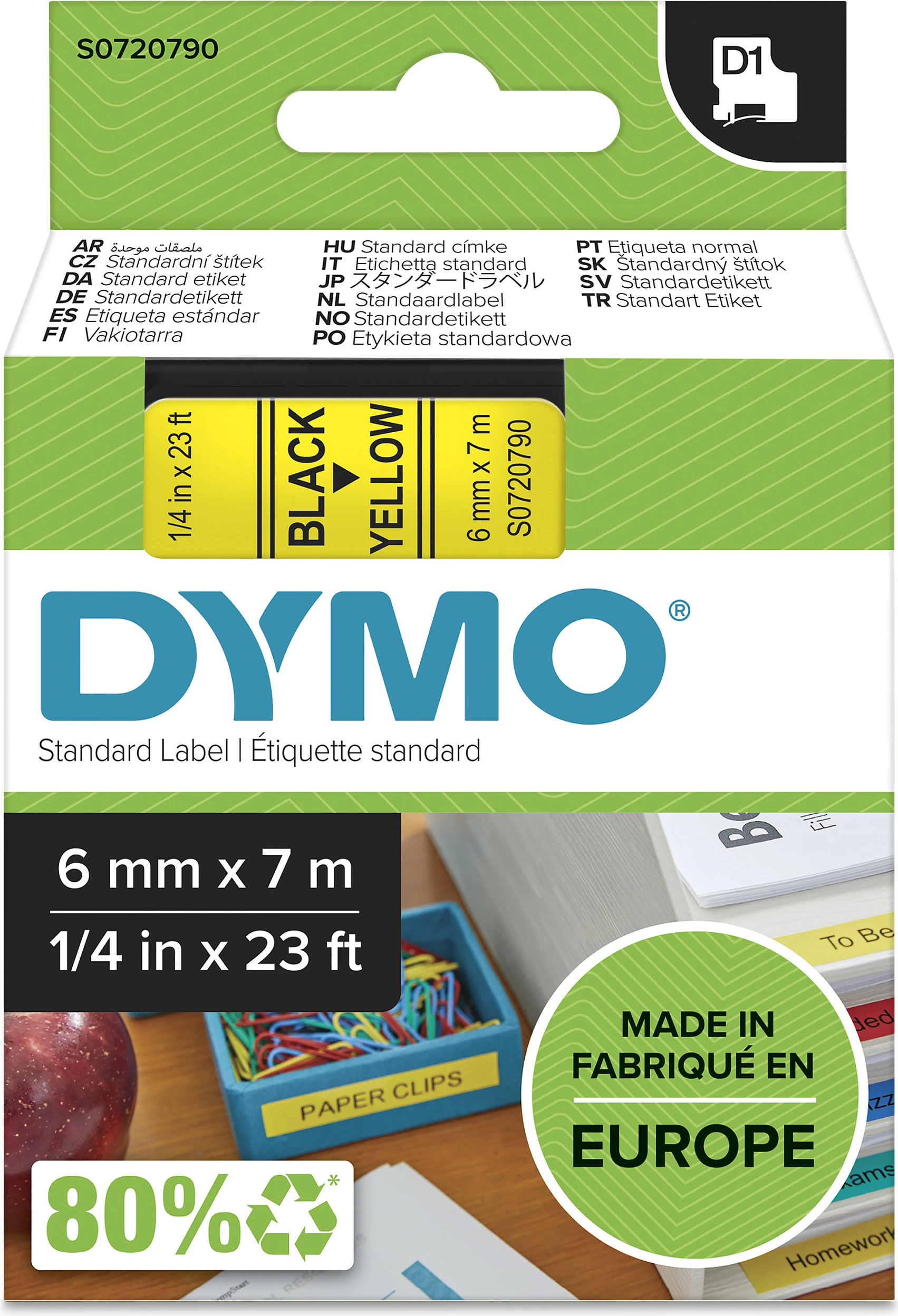 Shirit etikete Dymo D1 43618, 6 mm x 7 m, zi në të verdhë