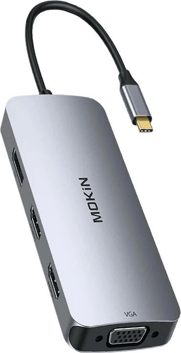 Kasë Mokin MOUC0513 8-në-1, USB-C, 2xHDMI, VGA, DP, argjendtë