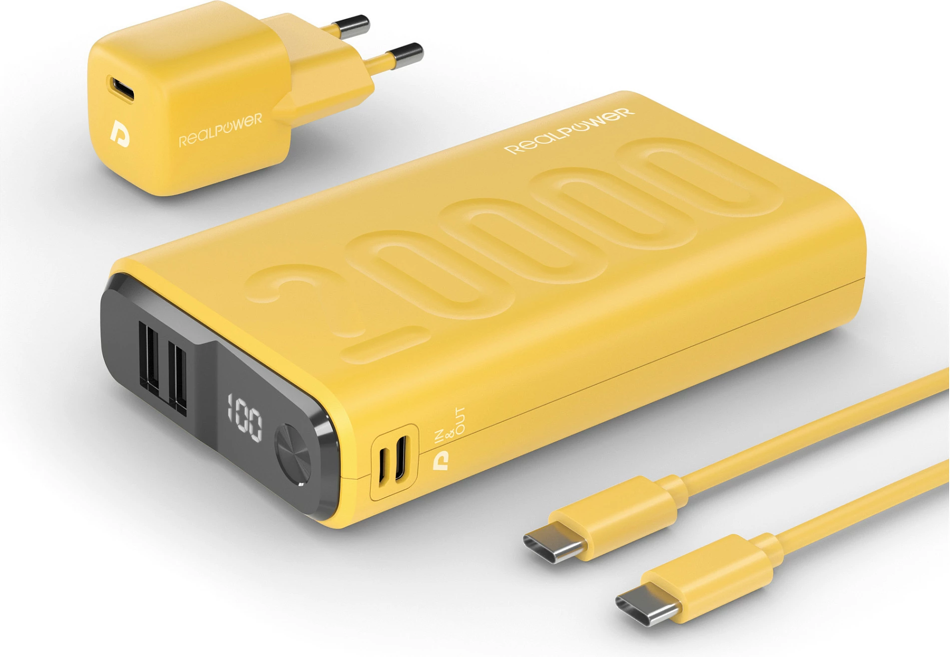 Powerbank Realpower Ultron PB-20000, 20000 mAh, Fast Charging, USB-C PD, e verdhë