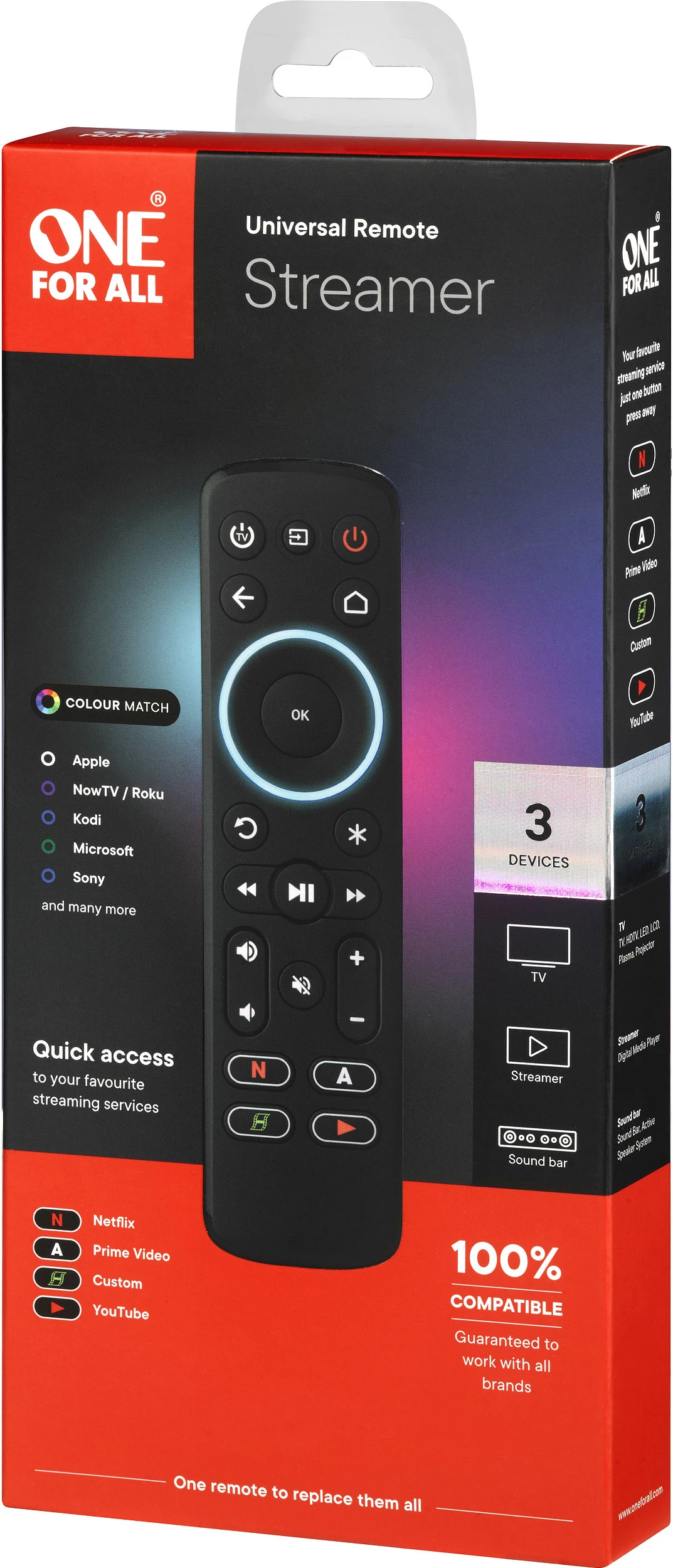 Telekomandë universale One for All Streamer, për TV/Streaming Box/Audio, me ndriçim, e zezë