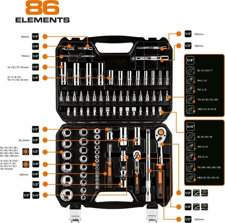Set veglash NEO 10-060, 86 copë, 1/2" & 1/4" ratchet, kasetë plastike, zi/portokalli