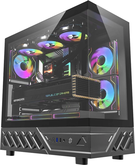 Kasë DarkFlash DS950 ATX Midi Tower me 6 ventilatorë, panel xhami i temperuar 270°, USB-C 3.2 Gen 2, e zezë