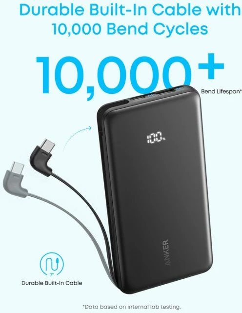 Powerbank Anker Zolo A110D 10000mAh 22.5W me kabllo USB-C të integruar, e zezë