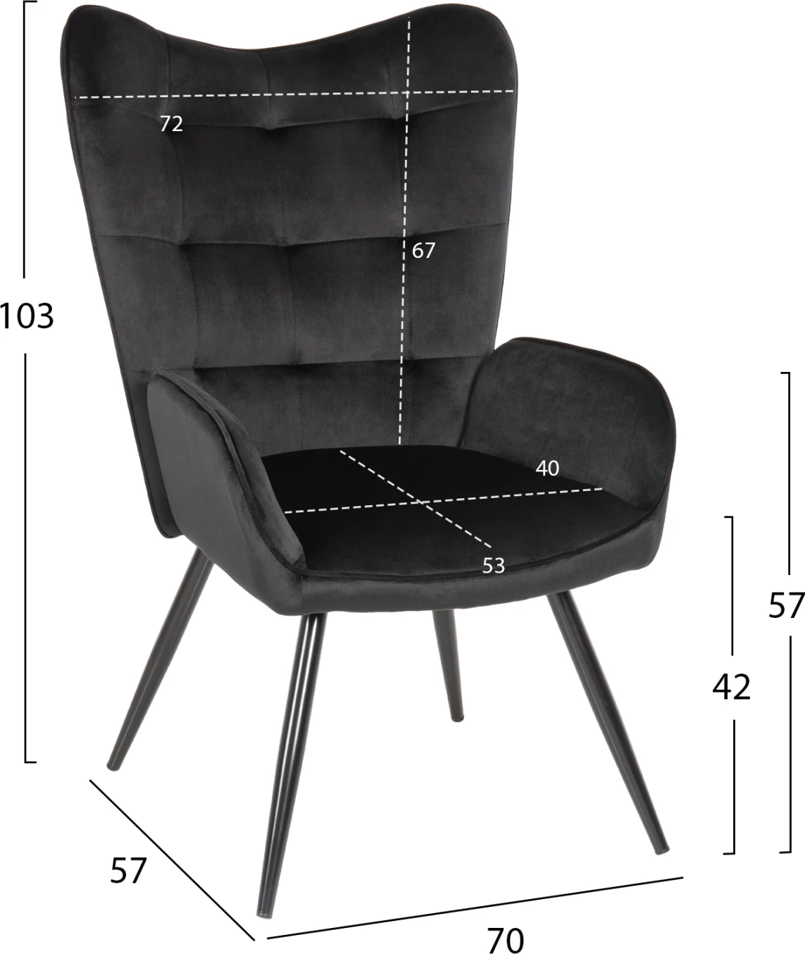 Karrige me mbështetëse për këmbë CRAWLEY FH8918.04, kadife e zezë, këmbë metalike, 70x57x103Hcm